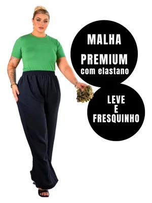 Calça Pantalona Feminina Plus Size Malha Com Elastano Luxo