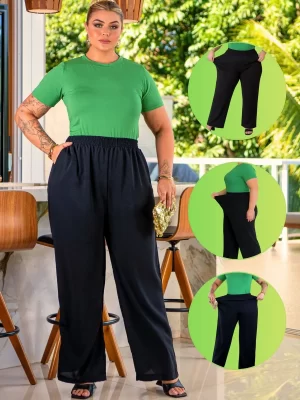 Calça Pantalona Feminina Plus Size Malha Com Elastano Luxo