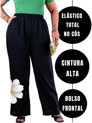 Calça Pantalona Plus Size Wide Leg Cós Alto Elegante Premium