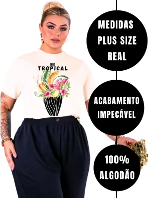 Tshirt Plus Size Feminina Tamanho Real Malha Confort Tropical