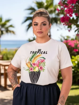 Tshirt Plus Size Feminina Tamanho Real Malha Confort Tropical