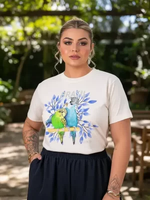 Tshirt Moda Plus Size Malha Confortável Pássaros