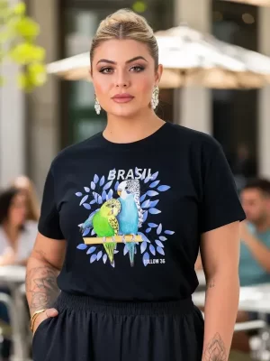 Tshirt Moda Plus Size Malha Confortável Pássaros