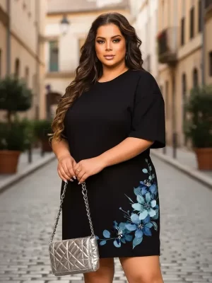 Vestido Camisetão Plus Size Feminino Flor Azul