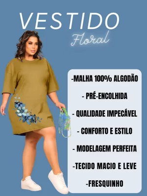 Vestido Camisetão Plus Size Feminino Flor Azul