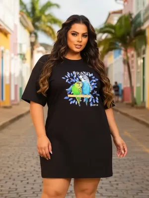 Vestido Camisetão Plus Size Feminino Pássaros