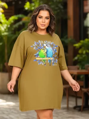 Vestido Camisetão Plus Size Feminino Pássaros