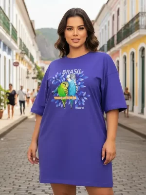 Vestido Camisetão Plus Size Feminino Pássaros