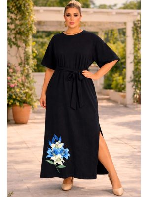 Vestido Longo Plus Size Fenda Cinto Ajustavel + Brinde