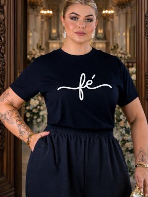 Tshirt Feminina Plus Size Fé Estampada Manga Curta + Brinde