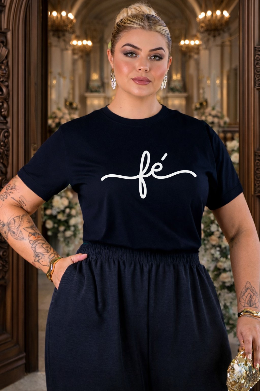 Tshirt Feminina Plus Size Fé Estampada Manga Curta + Brinde - Imagem 2