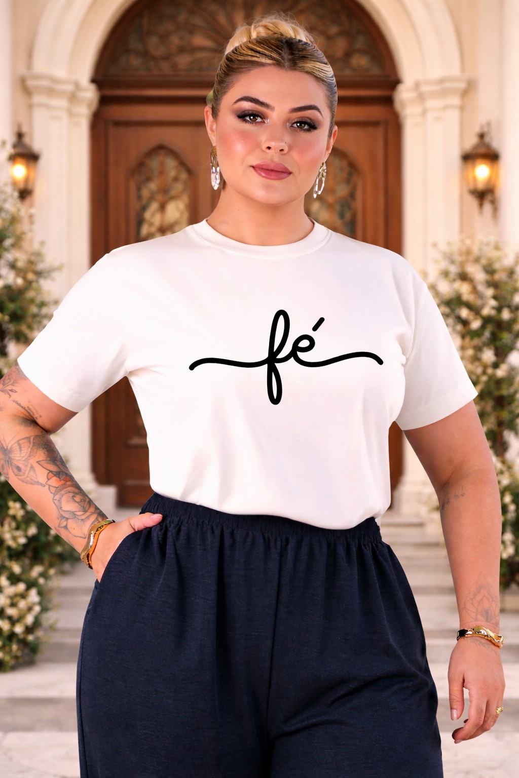 Tshirt Feminina Plus Size Fé Estampada Manga Curta + Brinde - Imagem 3