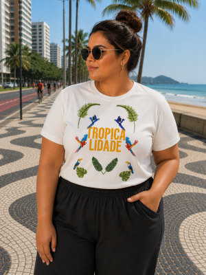 Tshirt Feminina Plus Size Tropicalidade Manga Curta